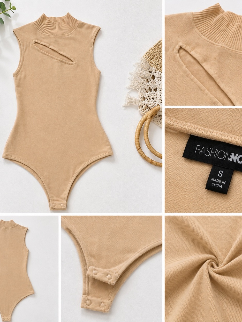 Fashion Nova Beige Sleeveless Mock Neck Cutout Bodysuit